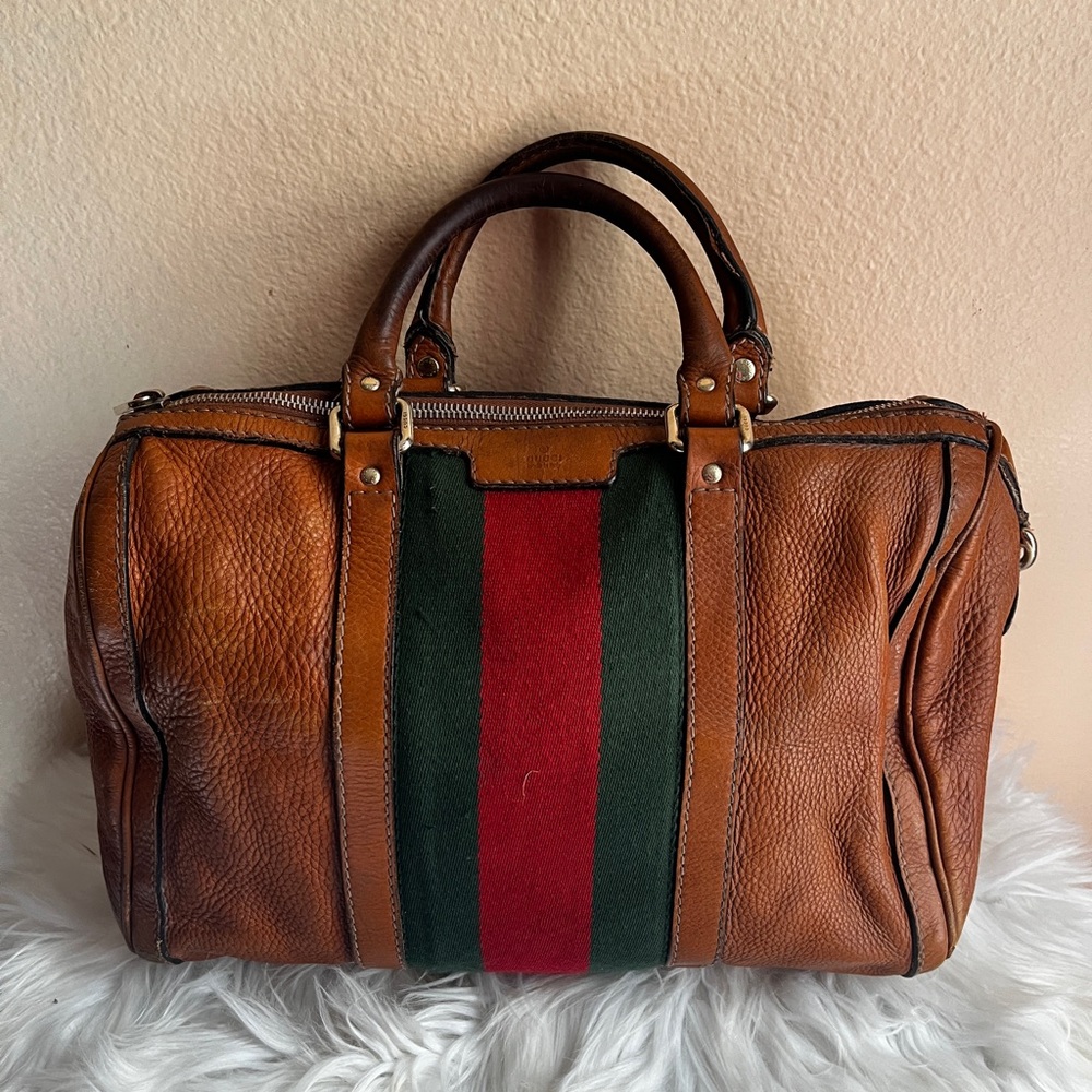 Gucci Tan Leather Duffel Bag with Red and Green Accents